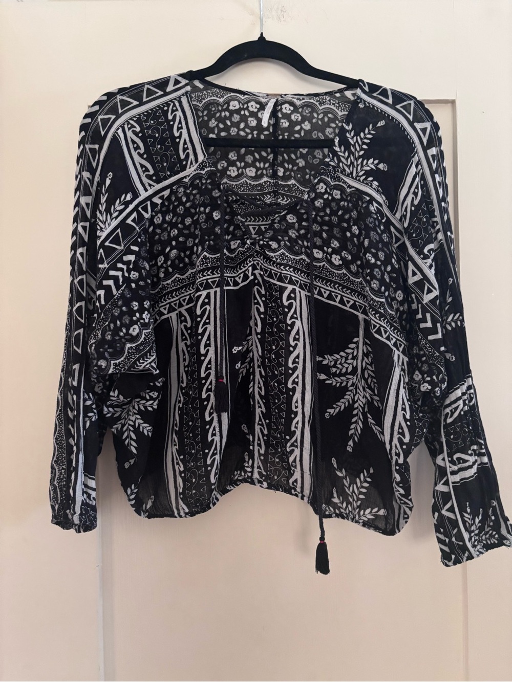 Free People Black and White Boho Tie-Front Peasant Blouse